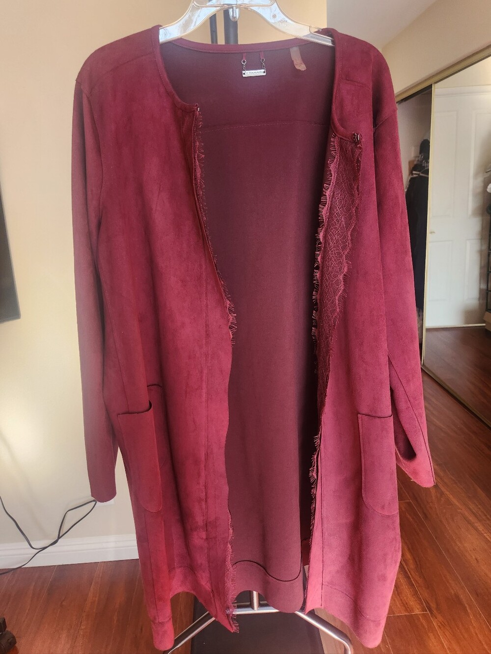 Tahari Burgundy Faux Suede Duster Coat Size 1X